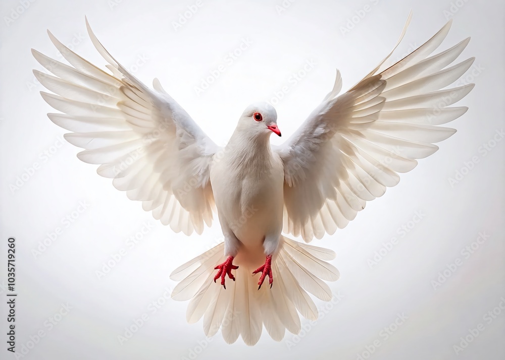 Obraz premium Free Flying White Dove Isolated on White Background - High Dynamic Range Imagery for Nature and Peace Themes