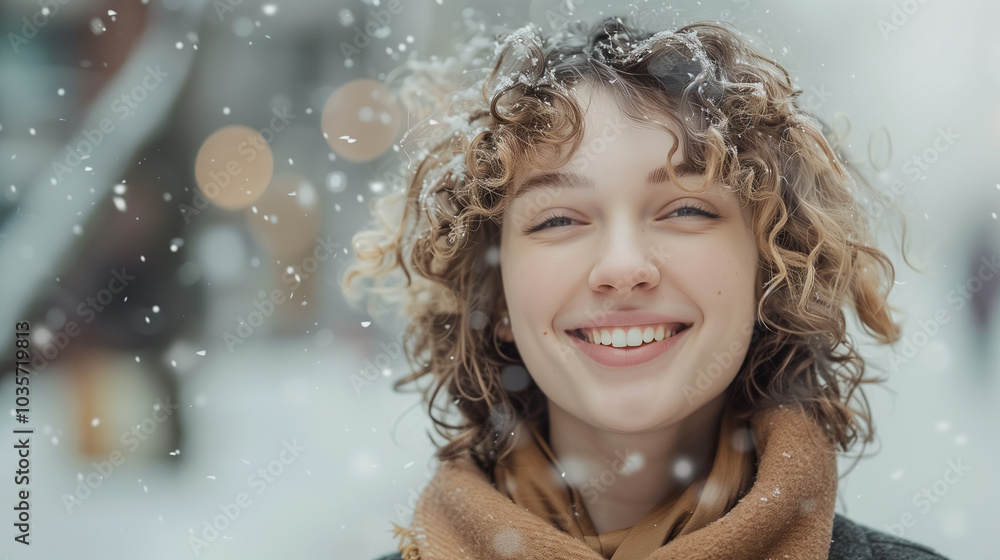 Fototapeta premium Pretty positive woman wearing winter season look clothes having fun outdoor on Christmas city street on abstract bokeh light and snowflake background