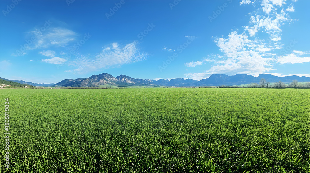 Panoramic view of a green field with mountains in the background and a bright blue sky - Panoramic view of a green field with mountains in the background and a bright blue sky -