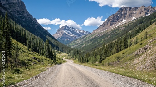 A winding dirt road through a lush valley surrounded by mountains and blue skies.