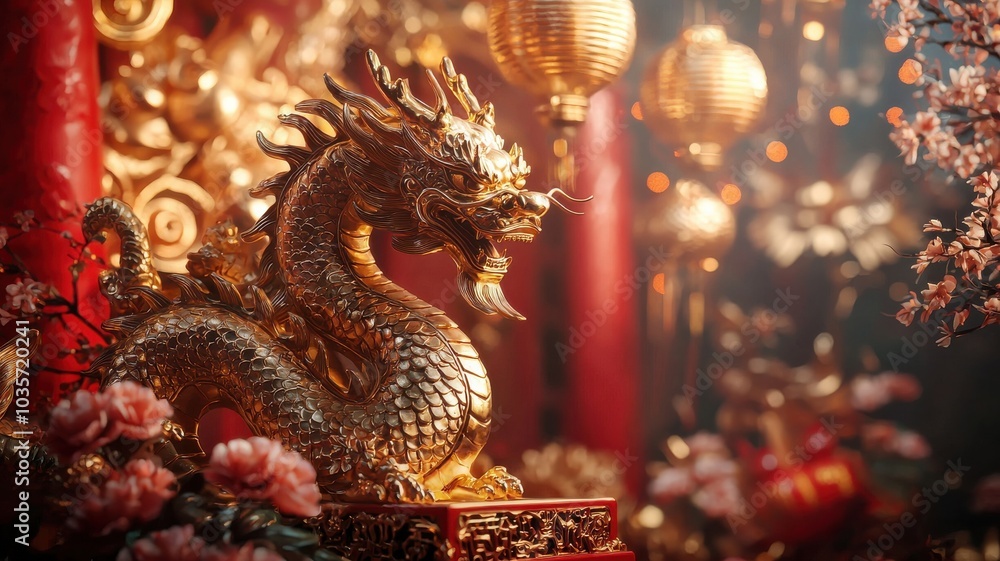 Fototapeta premium Golden Dragon with Red Lanterns