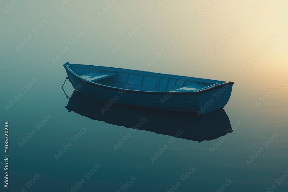 A Small White Rowboat Floating on a Calm, Foggy Body of Water A Small White Rowboat Floating on a Calm, Foggy Body of Water