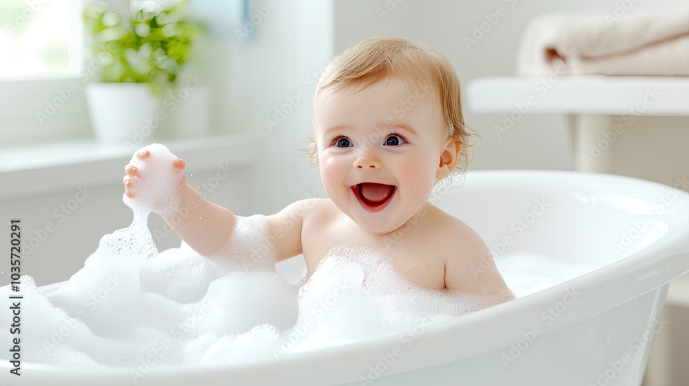 A joyful child delights in a bubbling bathtub filled with frothy soap, illuminated by soft lights in the background A joyful child delights in a bubbling bathtub filled with frothy soap, illuminated by soft lights in the background
