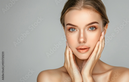 Pretty young woman face with fresh smooth skin close-up against studio wall background, fashion beauty portrait