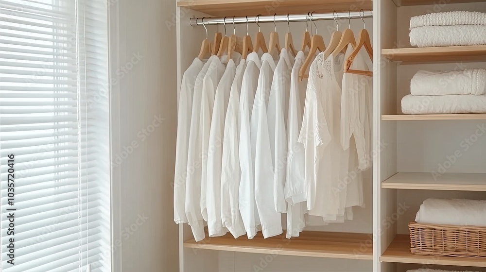 A collection of vibrant puffer jackets hangs neatly on wooden hangers, illuminating the minimalist closet with soft lighting against white walls and wood shelves A collection of vibrant puffer jackets hangs neatly on wooden hangers, illuminating the minimalist closet with soft lighting against white walls and wood shelves