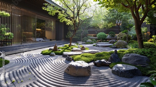 Serene Zen garden with moss, rocks, and a curved pathway leading to a traditional Japanese house.