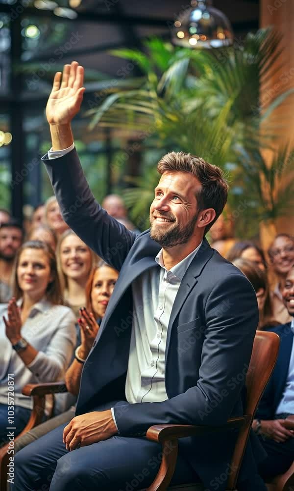 A group of businesspeople are seated in the conference room's seats. A businessman gets up and poses a question. Meeting and Demonstration
A group of businesspeople are seated in the conference room's seats. A businessman gets up and poses a question. Meeting and Demonstration