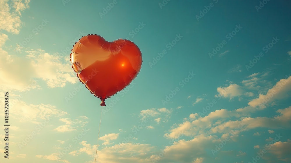 Fototapeta premium heartshaped balloon floating against a clear blue sky capturing a sense of whimsy and joy with soft shadows and light reflections enhancing its playful charm