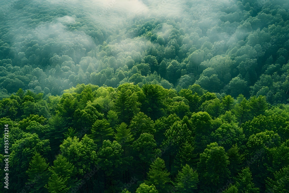 Lush Green Forest Blanketed in Misty Fog Lush Green Forest Blanketed in Misty Fog