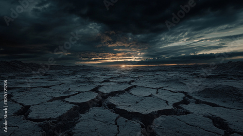 Dark skies over a cracked desert, symbolizing the grim realities of climate change and environmental degradation photo