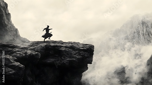 Lone Ninja Adept Navigates Rugged Remote Landscape in Dramatic Minimalist Monochrome photo