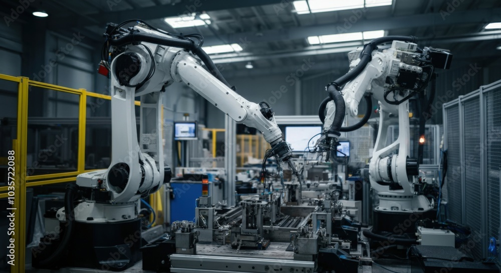 Industrial Robots Working in a Factory Industrial Robots Working in a Factory