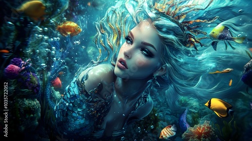 Sophisticated Mermaid Hybrid Swims Amid Lush Bioluminescent Ocean Habitat with Tropical Fish