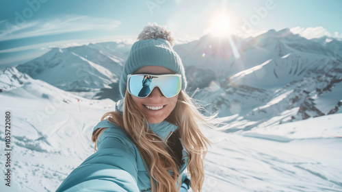 Smiling young woman in snow mountain. Active holidays