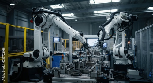 Industrial Robots Working in a Factory