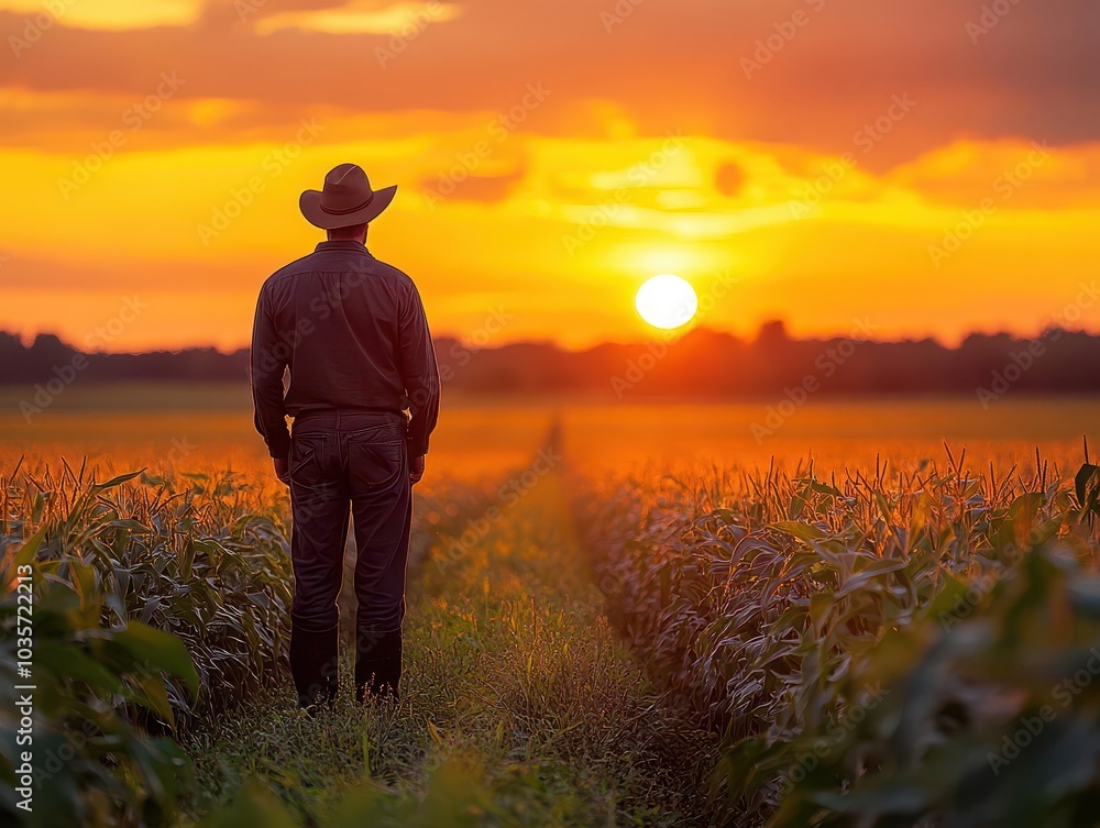 Fototapeta premium silhouette of a determined farmer standing amidst tall corn stalks as the sun sets, casting a golden glow over the expansive countryside, embodying dedication and harvest