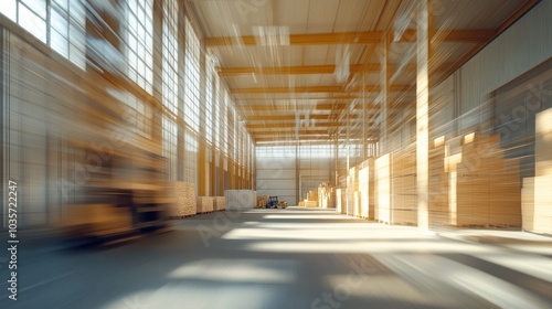 A blurred view of a spacious warehouse with wooden beams and stacked pallets.