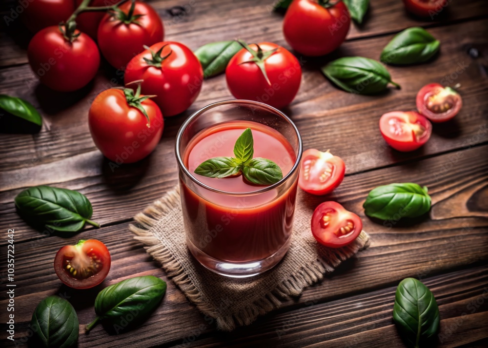 Fresh Tomato Juice with Basil Leaves and Sliced Tomatoes - A Drone's Eye View of Delicious Ingredients Fresh Tomato Juice with Basil Leaves and Sliced Tomatoes - A Drone's Eye View of Delicious Ingredients