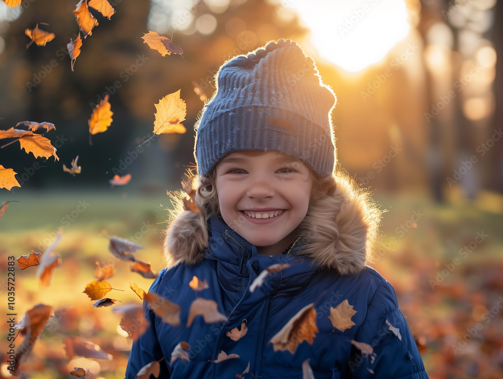 Joyful boy child having fun outdoors in the park in autumn time. Kid on yellow fall season leaves background Joyful boy child having fun outdoors in the park in autumn time. Kid on yellow fall season leaves background