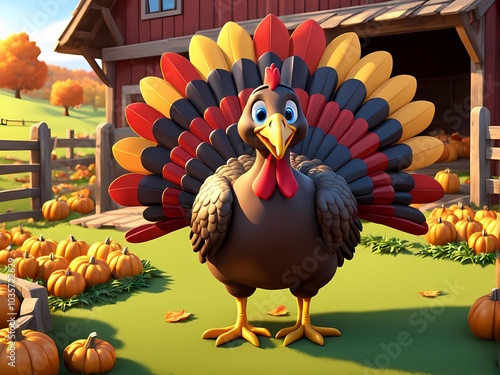 Adorable 3D illustration of a Thanksgiving turkey located on a farm. photo