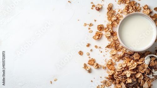 An aerial capture of a glass cup of milk amidst an artfully arranged spread of granola on a clean, white surface, depicting a minimalist breakfast tableau. photo