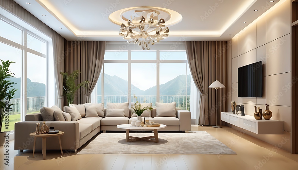 Fototapeta premium Home luxury drawing room lighting and indoor plants image.
