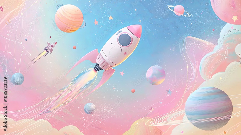 Fototapeta premium Rocket flies to the universe for interstellar exploration, children's hand-drawn illustration
