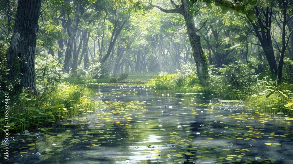 Fototapeta premium Tranquil Pond in a Lush, Foggy Forest