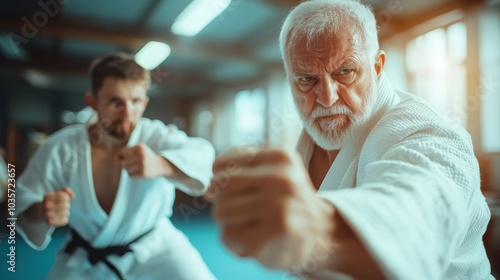 Two advanced martial artists engage in an intense training session, demonstrating focus, strength, and the timeless pursuit of perfection in martial arts.