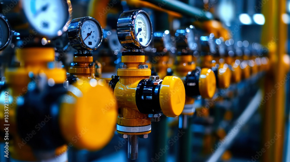Obraz premium Industrial pressure gauges and valves in factory setting showcase precision and functionality. vibrant yellow and metallic colors highlight equipments importance in monitoring systems