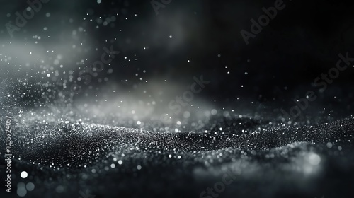 Mysterious abstract background with floating dust particles and soft bokeh lights, illuminated against a dark grey and black backdrop. The smooth blend of light and shadow creates an ethereal, dreamy 