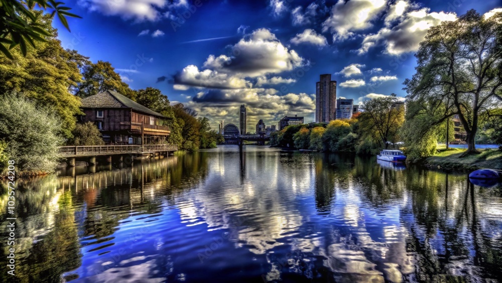 A calm river reflecting the city skyline and puffy clouds. A calm river reflecting the city skyline and puffy clouds.