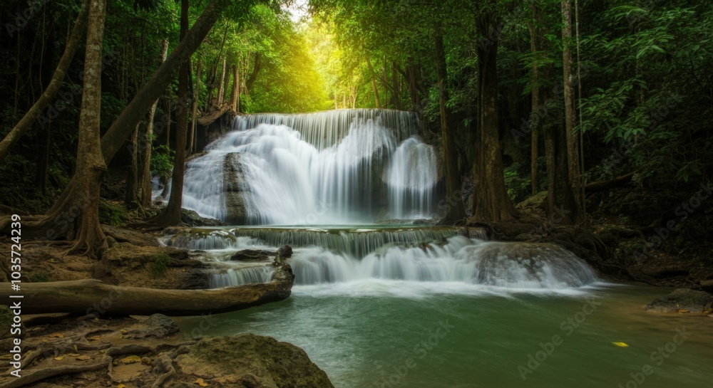 Obraz premium Tranquil Waterfall in a Lush Forest