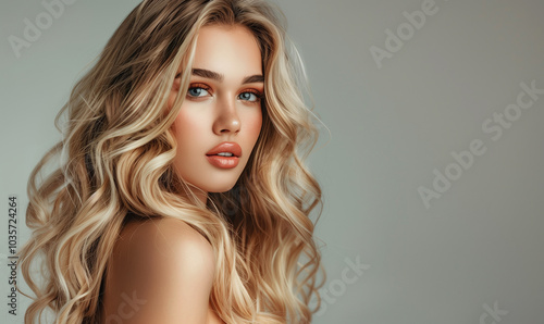 Attractive blonde model face. Long blond hair, fresh skin and natural make-up looking at camera