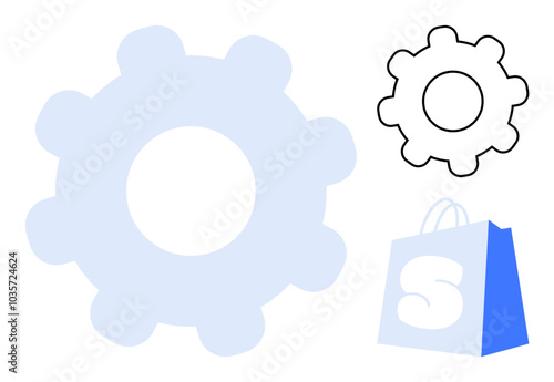 Simple gear symbol in blue and black outlines next to a blue shopping bag with an S. Ideal for technology, engineering, shopping, business, and e-commerce themes. Clean minimalist style