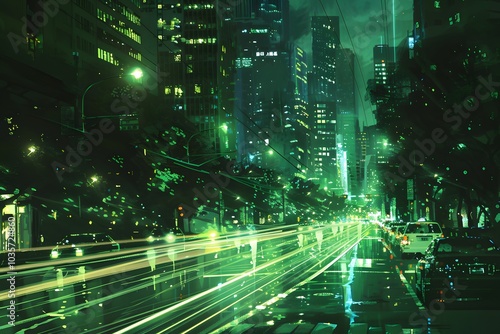 Vibrant Nightscape: A Futuristic City Bathed in Green Light