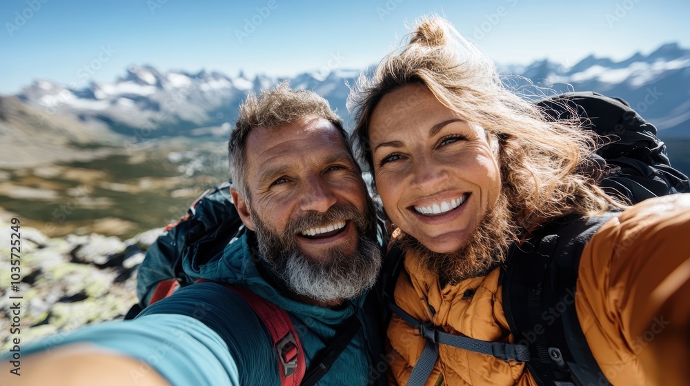 A joyful couple takes a selfie during their hike, with stunning mountains in the background, capturing their adventurous spirit in nature's breathtaking scenery. A joyful couple takes a selfie during their hike, with stunning mountains in the background, capturing their adventurous spirit in nature's breathtaking scenery.