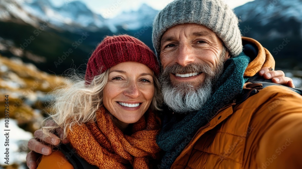 A couple dressed warmly poses for a happy photo in the snowy mountains, epitomizing joy and contentment surrounded by nature's winter wonder. A couple dressed warmly poses for a happy photo in the snowy mountains, epitomizing joy and contentment surrounded by nature's winter wonder.