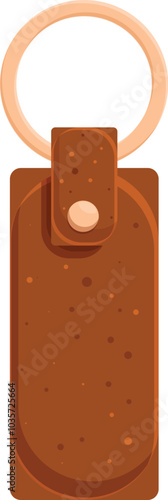 Brown rectangle leather keychain with metal ring for keys is isolated on white background