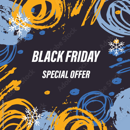 Black friday sale banner layout design. Abstract background with hand spots and text