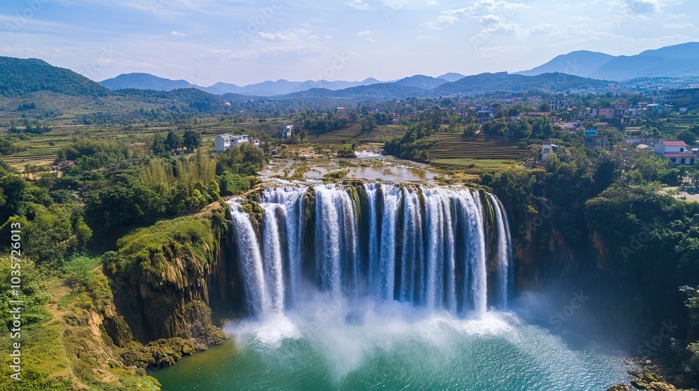 Fototapeta premium A Majestic Waterfall Cascading Over a Cliff in a Lush Green Valley