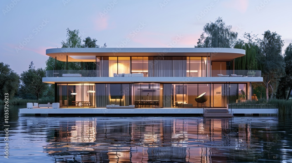 Obraz premium 3d rendering of modern house by the river at morning, house, luxury, villa, modern, architecture, building, exterior, residential, property, designer