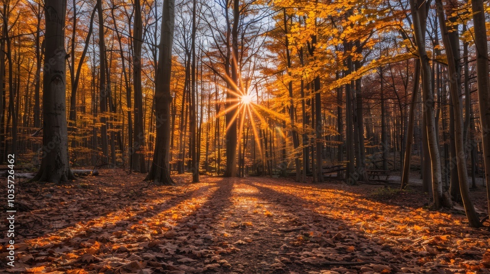 Fototapeta premium Sunbeams Through Autumn Trees