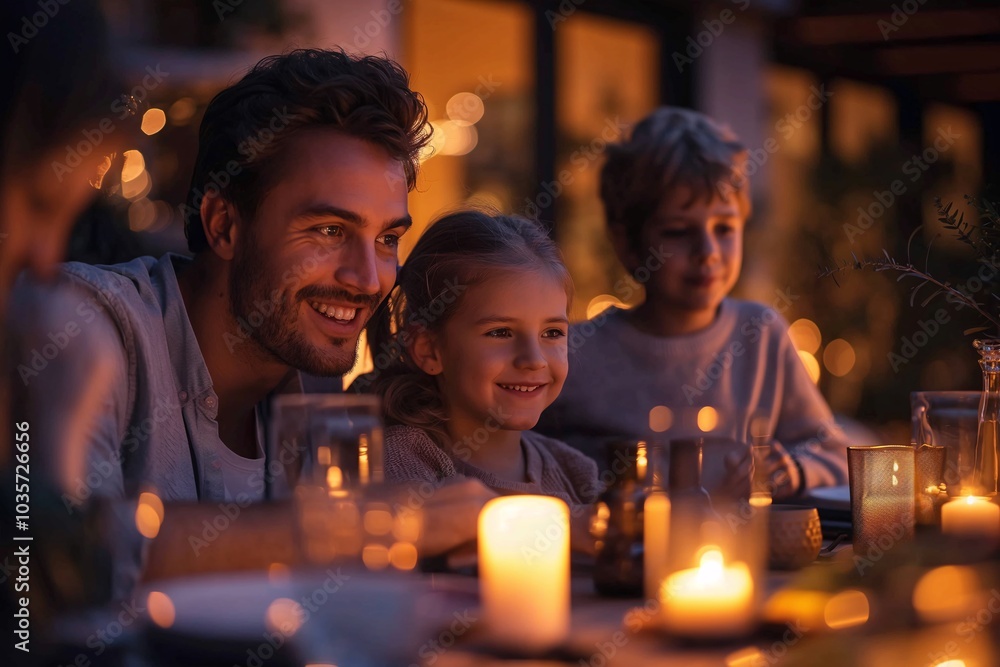A family enjoys a cozy evening together, illuminated by candlelight. Their laughter and smiles highlight the joy of the gathering, creating a warm, inviting atmosphere as twilight descends A family enjoys a cozy evening together, illuminated by candlelight. Their laughter and smiles highlight the joy of the gathering, creating a warm, inviting atmosphere as twilight descends