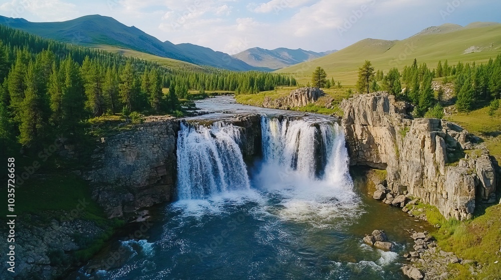 Fototapeta premium Majestic Waterfall Cascading Through Rocky Terrain