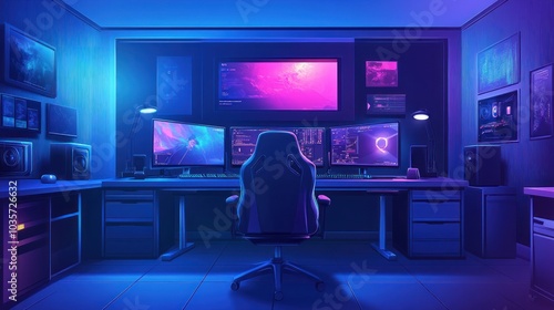 A modern gaming setup featuring multiple monitors and a gaming chair in a vibrant, neon-lit room.