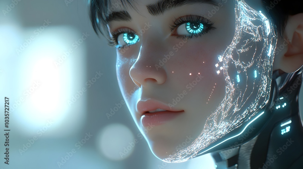 Ethereal Cybernetic Visage in Futuristic Dystopian Cityscape Ethereal Cybernetic Visage in Futuristic Dystopian Cityscape