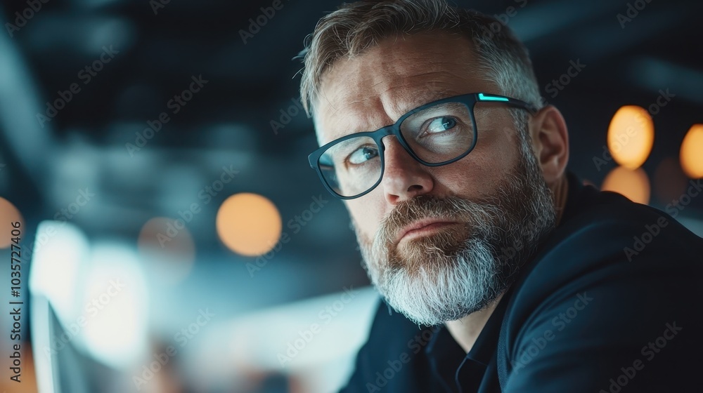 An attentive man with glasses gazes thoughtfully into the distance from a sleek indoor setting, capturing a moment of insight and contemplation in modern style. An attentive man with glasses gazes thoughtfully into the distance from a sleek indoor setting, capturing a moment of insight and contemplation in modern style.