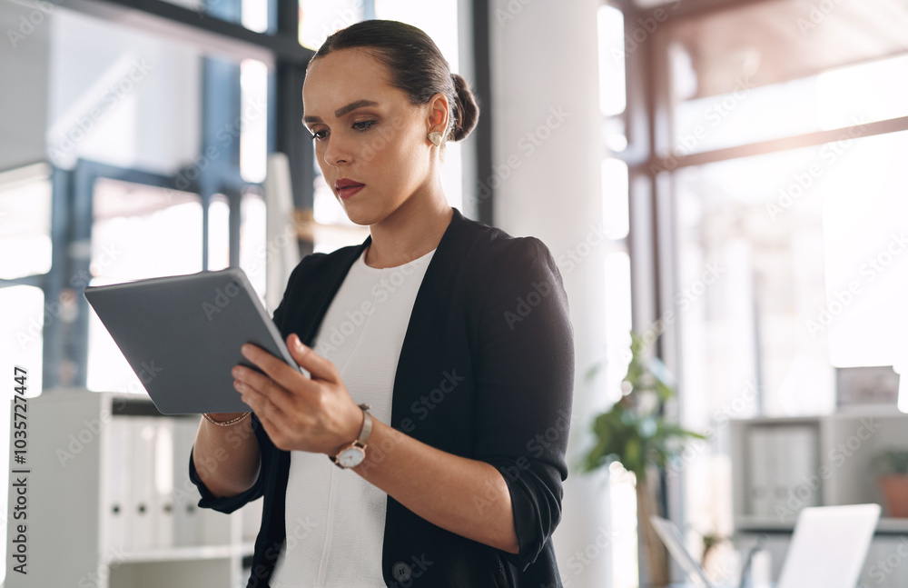Business, woman and planning with tablet in office for information, update and reading economy news. Financial advisor, research and scroll on tech for investment, budget report and portfolio review Business, woman and planning with tablet in office for information, update and reading economy news. Financial advisor, research and scroll on tech for investment, budget report and portfolio review