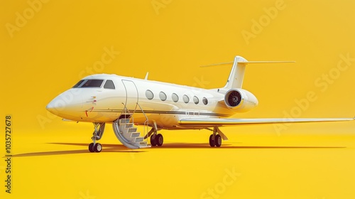 Isolated White Private Jet with Retractable Stairs on a Bright Yellow Background, Emphasizing Luxury Aviation and Exclusive Travel Experience